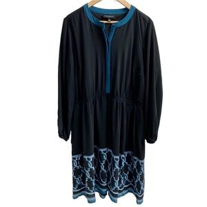 Lane Bryant Long Sleeve Geometric Print Dress Black Teal Blue Trim 16 Office